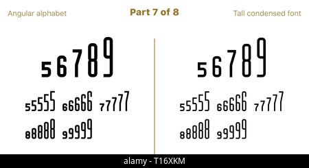 Condensed bold sans serif font, Angular. Vector black typefaces, Part 7 of 8. Set of tall uppercase alphabet with narrow letters, numbers and symbols. Stock Vector