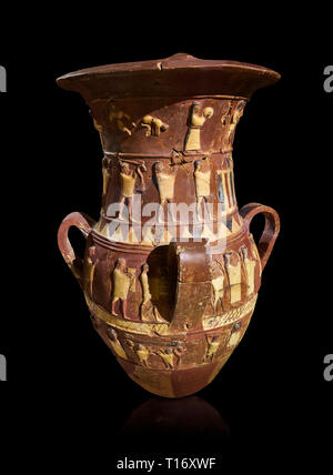Inandik Hittite relief decorated cult libation vase with four decorative friezes featuring figures coloured in cream, red and black. The processional  Stock Photo