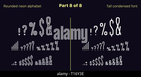 Condensed White neon font, Rounded. Vector typefaces in outlined and filled styles, Part 8 of 8. Neon uppercase alphabet with narrow letters, numbers  Stock Vector