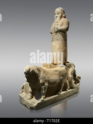 Hittite monumental statue probably of Tarhunda, the Storm God, standing on a cart being pulled by two bulls. Adana Archaeology Museum, Turkey. Against Stock Photo