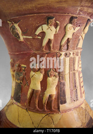 Hüseyindede vases, Old Hittite Polychrome Relief vessel close up  depicting top and second friezes showing a procession of musicians and dancers movin Stock Photo
