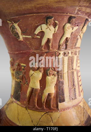 Hüseyindede vases, Old Hittite Polychrome Relief vessel close up  depicting top and second friezes showing a procession of musicians and dancers movin Stock Photo