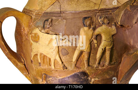 Hüseyindede vases, Old Hittite Polychrome Relief vessel, close up depicting a bull being led to be sacrificed, following Hittite convention of sacrifi Stock Photo