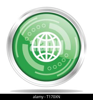 Globe silver metallic chrome border round web icon, vector illustration for webdesign and mobile applications isolated on white background Stock Vector