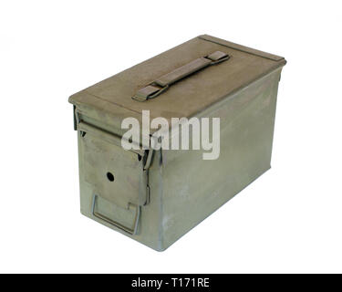 Military green ammunition box isolated on white. Stock Photo