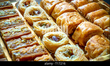 different type of arabian baklava in rows - borma nest ush-el-bul-bul asabi full screen Stock Photo