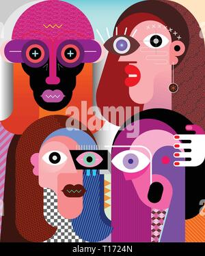 Modern abstract art portrait of four different people. Characters vector illustration. Stock Vector