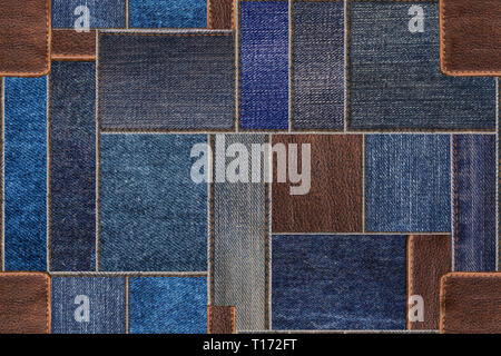 Seamless blue denim jeans patchwork with leather texture. Seamless pattern texture background Stock Photo