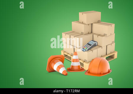 3d rendering of orange hard hat and two warning cones in front of wooden pallet loaded with cardboard boxes and one point-of-sale terminal. Stock Photo