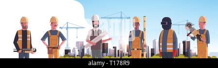 construction workers team industrial technicians builders group over city construction site tower cranes building residential buildings cityscape Stock Vector