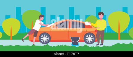 little son helping his father washing car outdoors happy family man with boy spending time together male cartoon characters full length landscape Stock Vector