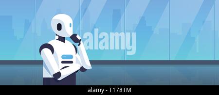 modern robot thinking humanoid holding hand chin pondering artificial intelligence digital technology concept cartoon character portrait horizontal Stock Vector