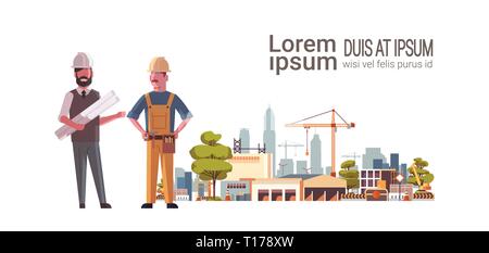 construction workers architect and builder team over city construction site tower cranes building residential buildings cityscape background flat Stock Vector