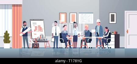man architect showing drawing building blueprint on easel board to businesspeople engineers group panning project team meeting presentation concept Stock Vector