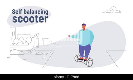 fat obese man riding electric self balancing scooter overweight guy using eco transport unhealthy lifestyle concept city urban park landscape sketch Stock Vector