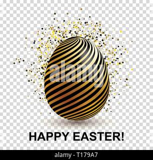 Black Easter Egg with gold decorative lines and confetty on transparen background. Happy Easter card Stock Vector