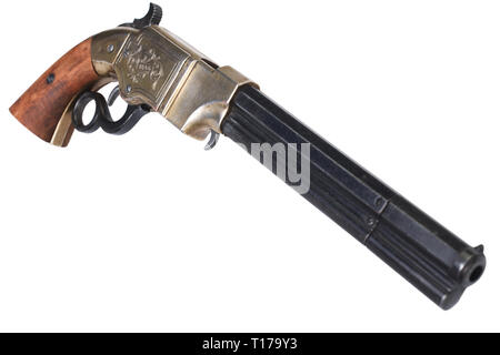 Old vintage weapon - Volcanic Repeating Pistol isolated on white background Stock Photo