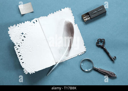 Vintage writing set on a gray cardboard background Stock Photo