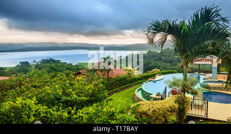 Scenic view of Lake Arenal in central Costa Rica and a lodge Stock Photo