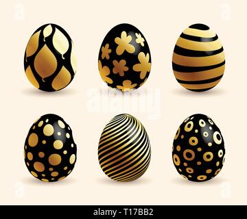 Happy Easter celebration card with golden abstract design decorated on black easter eggs. Easter eggs Stock Vector