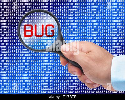 magnifying glass in hand on digital background detecting bug Stock Photo