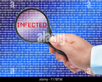 magnifying glass in hand on digital background detecting infection Stock Photo