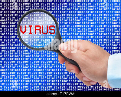 magnifying glass in hand on digital background detecting virus Stock Photo
