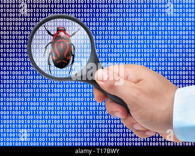 magnifying glass in hand on digital background detecting bug Stock Photo