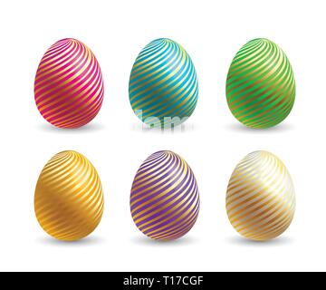 Happy Easter celebration card with golden abstractl design decorated on multicolored easter eggs. Stock Vector