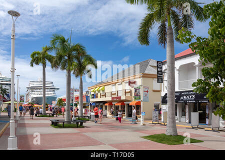 Harbor Point Village shops at cruise port terminal, Philipsburg, St Maarten, Saint Martin, Lesser Antilles, Caribbean Stock Photo