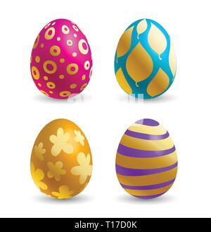 Happy Easter celebration card with golden abstractl design decorated on multicolored easter eggs. Stock Vector