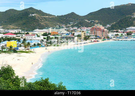 Aerial view of town and beach, Philipsburg, St Maarten, Saint Martin, Lesser Antilles, Caribbean Stock Photo
