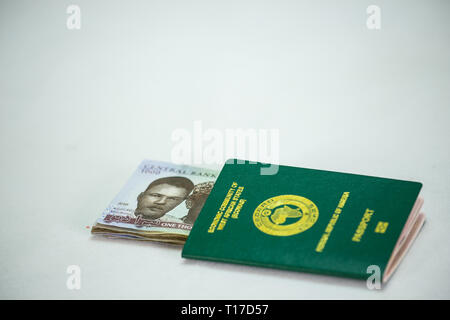 International Passport with local currency notes Stock Photo