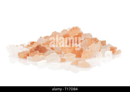 Lot of pieces of pink himalayan salt crystals stack isolated on white background Stock Photo