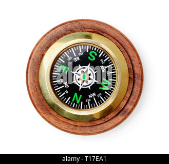 Old style wooden compass top view isolated on white Stock Photo