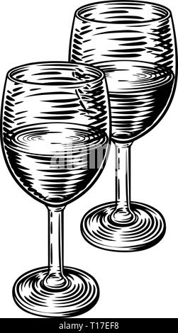 Wine Glasses Vintage Woodcut Etching Style Stock Vector