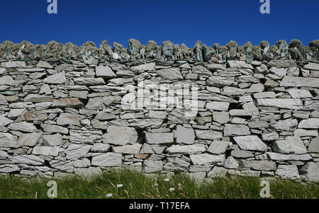 Traditional dry stone wall with blue sky near Rhoscolyn, Anglesey, Wales, UK Stock Photo