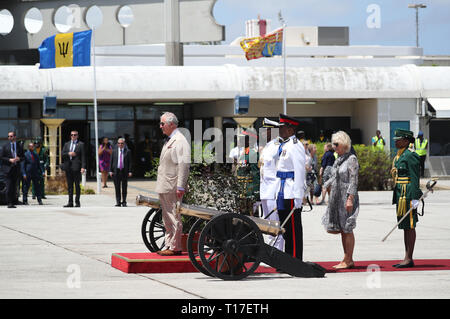 The Prince of Wales taking the final salute at Grantley Adams International Airport, Barbados, before he and the Duchess of Cornwall leave for Cuba. Stock Photo