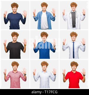 Collage of young man wearing different looks over isolated white background showing and pointing up with fingers number eight while smiling confident  Stock Photo