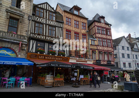 General view of old buildings along Rue de la Pie in central Rouen, France.  This area is close to the historic centre of Rouen. Stock Photo