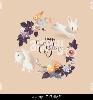 Happy Easter greeting card. Vector illustration with colorful wreath of flowers, eggs and rabbits. Hand written lettering. Isolated on turquoise Stock Vector