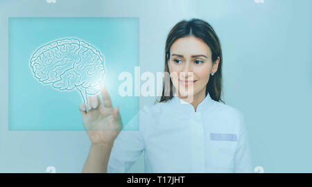 Woman scientist touching medical interface with brain Stock Photo