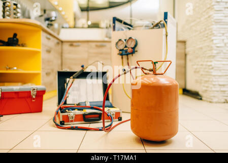 Tools for repairing of refrigerator cooling system Stock Photo