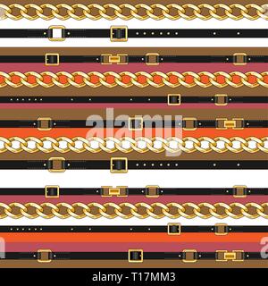 Abctract seamless pattern with belts and chain on bright background for fabric. Trendy repeating print. Stock Vector