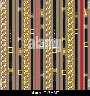 Abctract seamless pattern with belts and chain on bright background for fabric. Trendy repeating print. Stock Vector