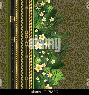 Seamless Pattern Exotic Floral Background. Tropical Flowers and Leaves on White Backdrop. Greenery print Seamless Design Stock Vector