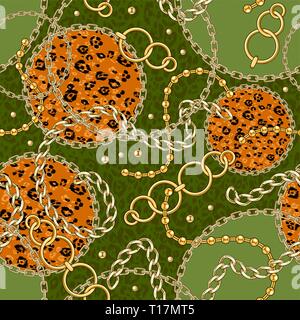 Green seamless pattern with golden chain on spotted animal skin background for fabric. Trendy repeating leopard print. Stock Vector