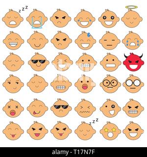 Illustration of cute baby faces showing different emotions. Joy, sadness, anger, talking, funny, fear, smile. Isolated illustration on white backgroun Stock Vector