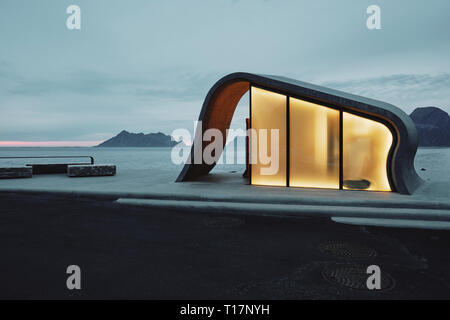 The wave shaped concrete and glass architecture of Ureddplassen rest area on the Helgelandskysten Norwegian Scenic Route Nordland Norway Stock Photo