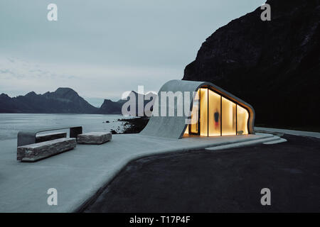 The wave shaped concrete and glass architecture of Ureddplassen rest area on the Helgelandskysten Norwegian Scenic Route Nordland Norway Stock Photo